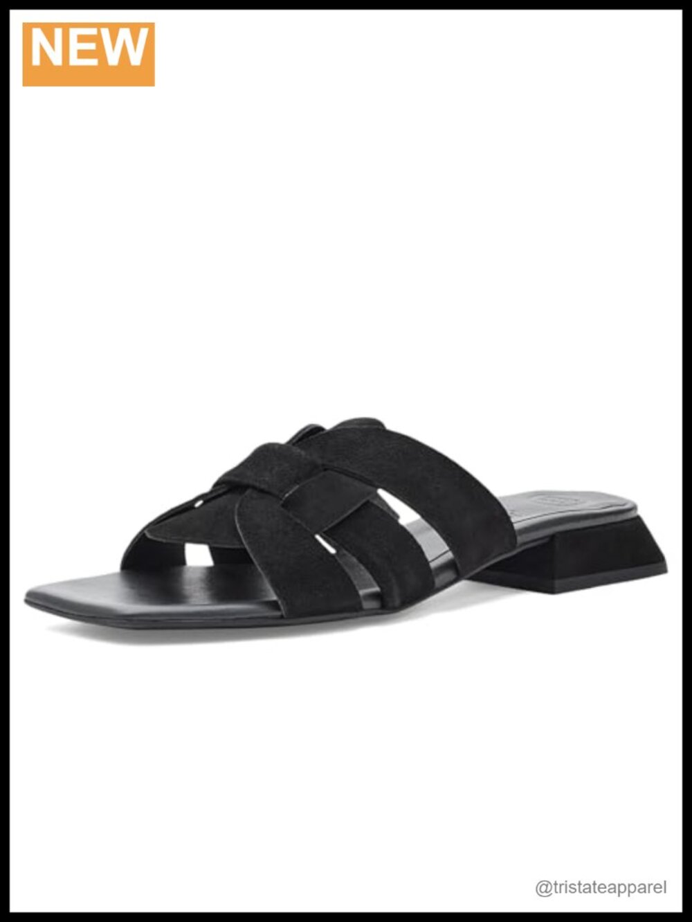 Woven Leather Slide Sandals Square Toe Block Heel Slip On